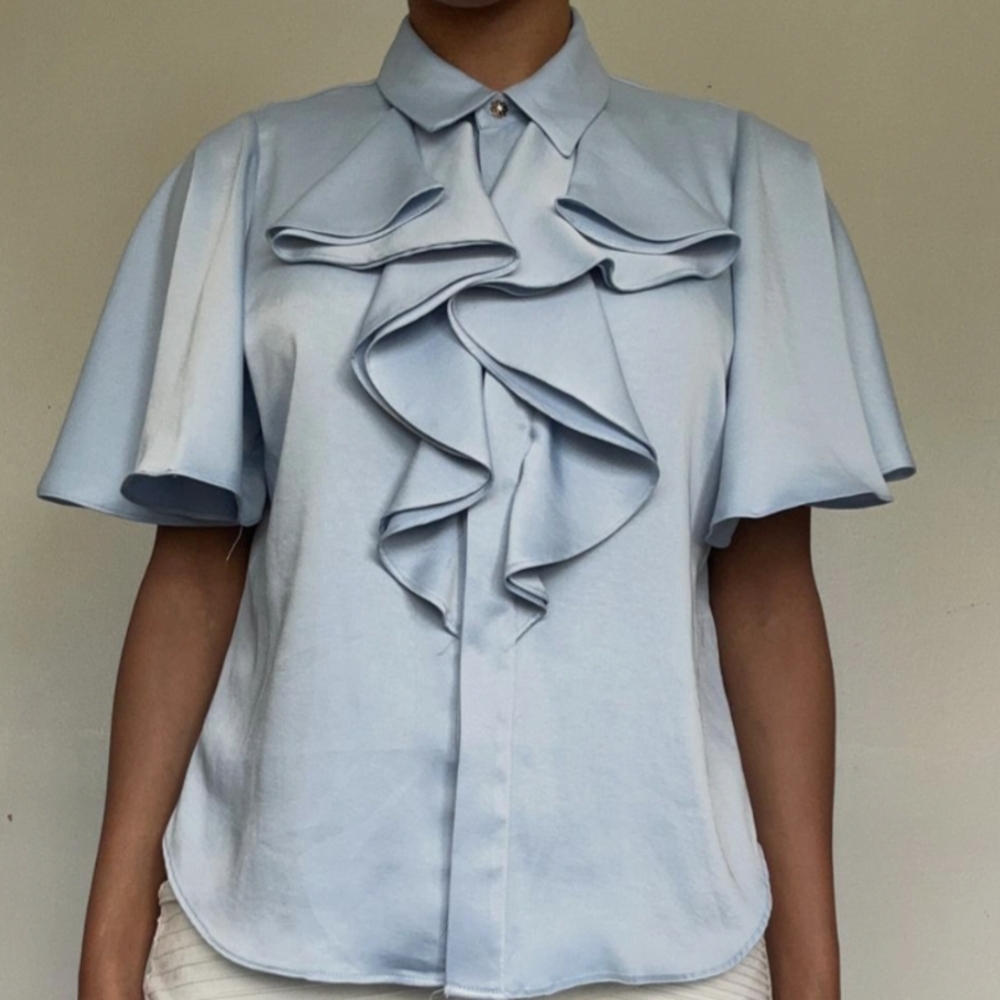 Zara Sky Blue Ruffle Front Blouse